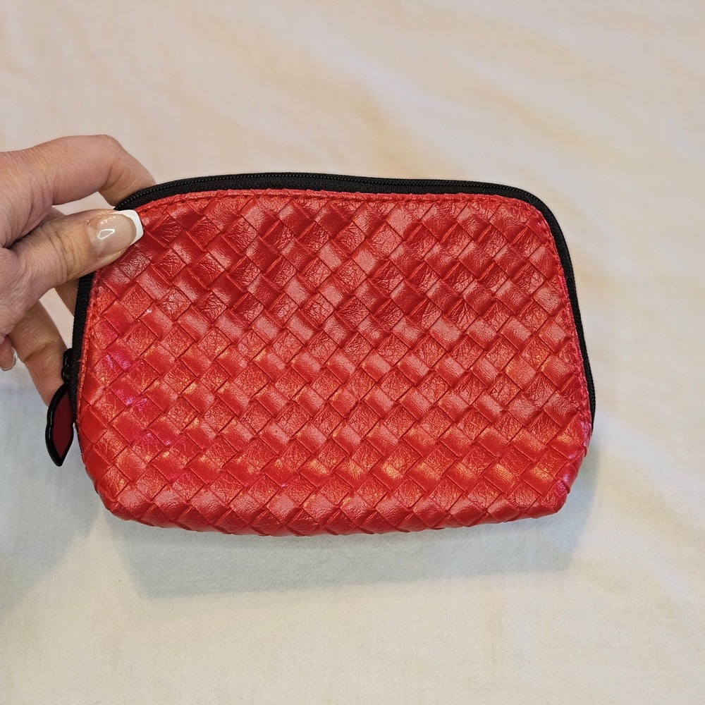 Laura Geller Red Woven Makeup Bag Cosmetic Pouch Lip Zipper Pull